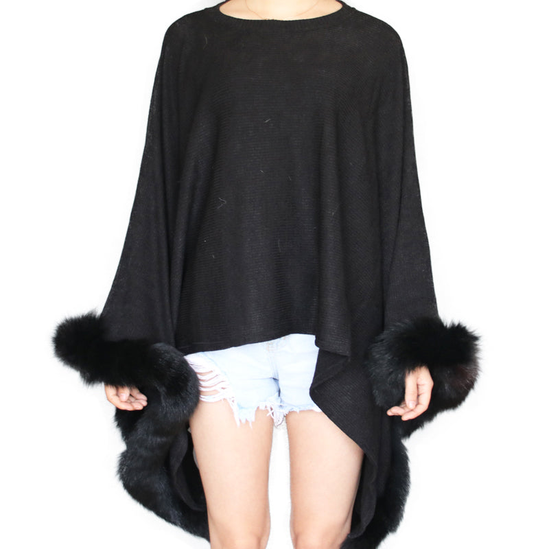 Black Lightweight Poncho with Rex Rabbit Fur Trim - paulamariecollection