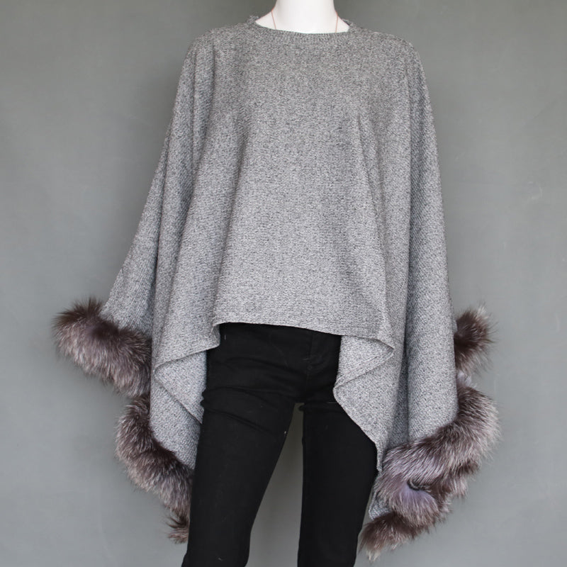 Grey Lightweight Poncho with Silver Fox Fur Trim - paulamariecollection