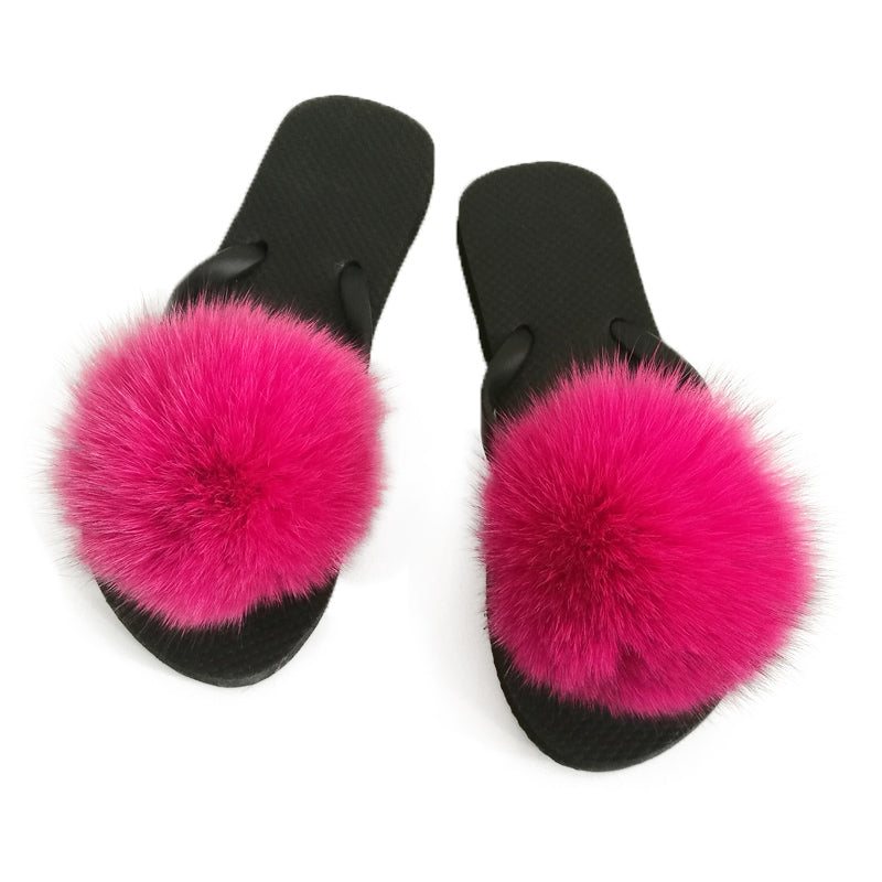 Flip Flops with Removable Fox Fur Poms