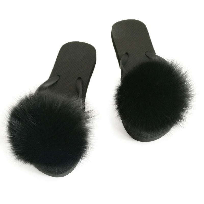 Flip Flops with Removable Fox Fur Poms - paulamariecollection