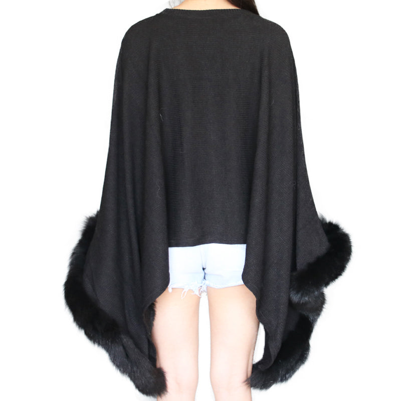 Black Lightweight Poncho with Rex Rabbit Fur Trim - paulamariecollection