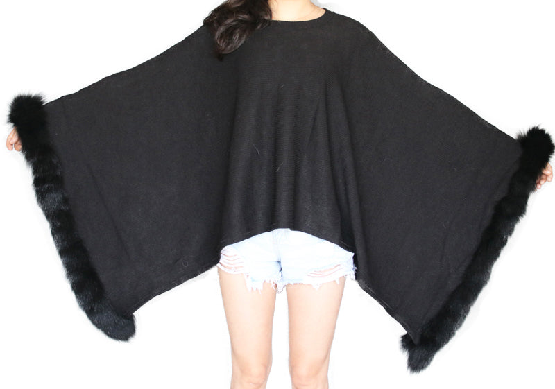 Black Lightweight Poncho with Rex Rabbit Fur Trim - paulamariecollection