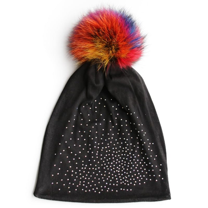 Jeweled Jersey Beanie with Removable Multicolor Fox Pom - paulamariecollection