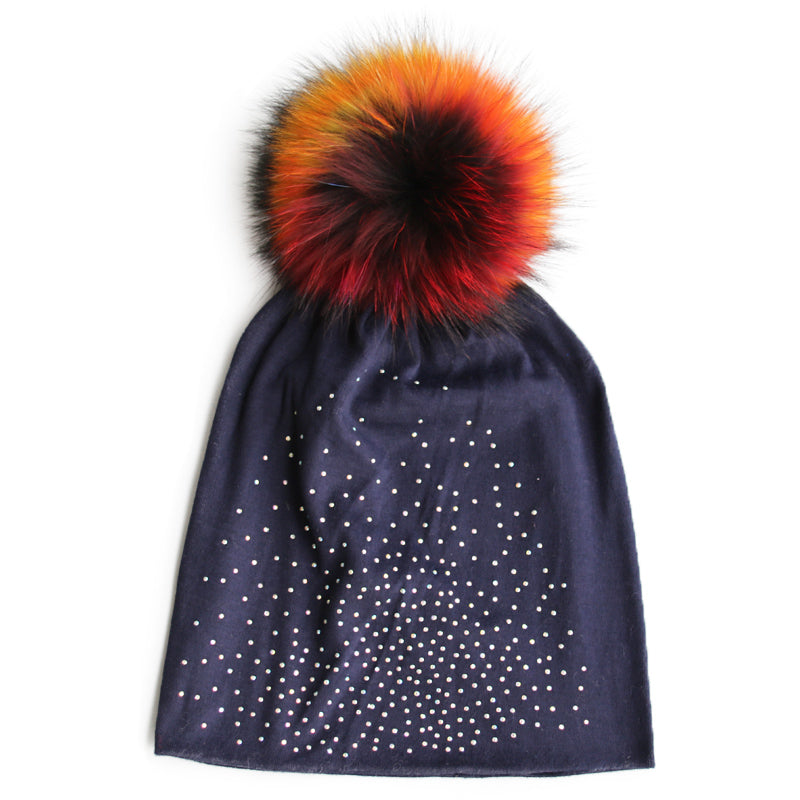 Jeweled Jersey Beanie with Removable Multicolor Fox Pom - paulamariecollection