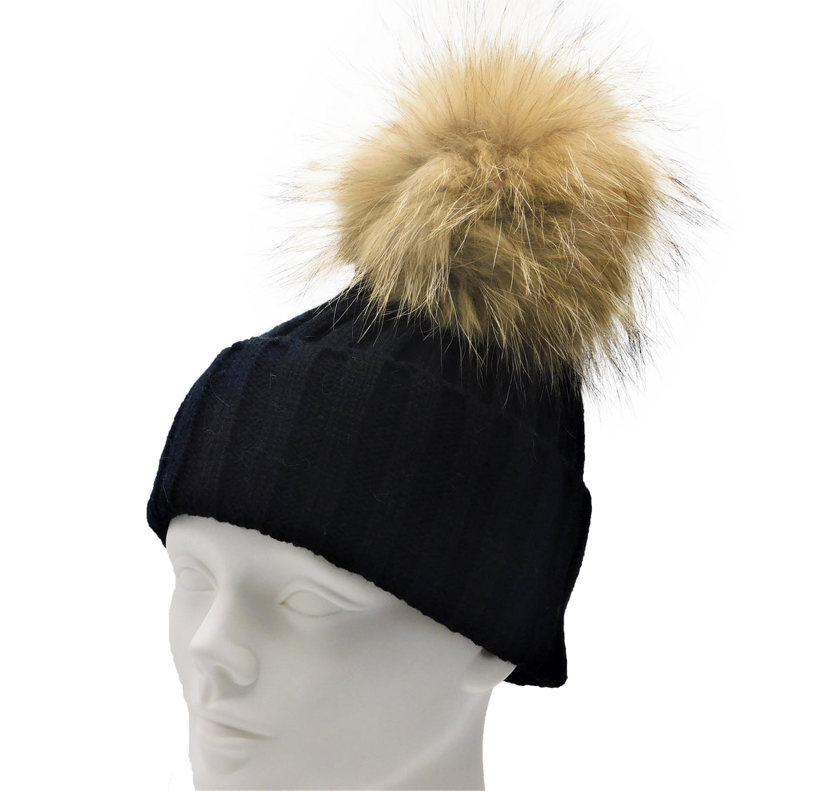 Knitted Beanie with Removable Raccoon Fur Pom - paulamariecollection