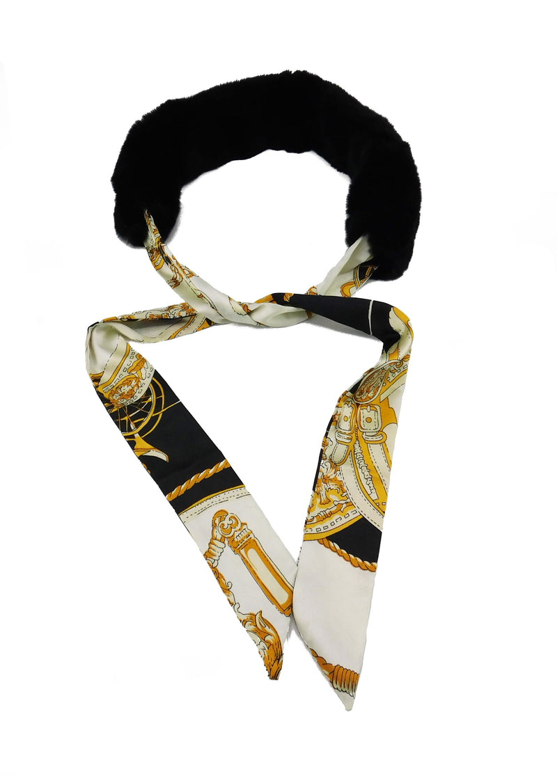Black Rex Rabbit Scarf with Black/Gold Silk Ribbon - paulamariecollection
