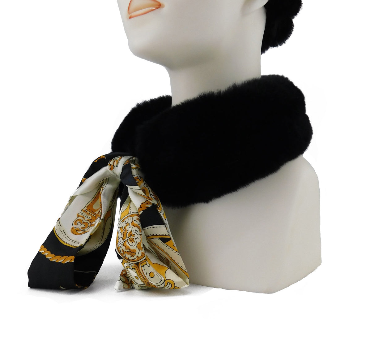 Black Rex Rabbit Scarf with Black/Gold Silk Ribbon - paulamariecollection