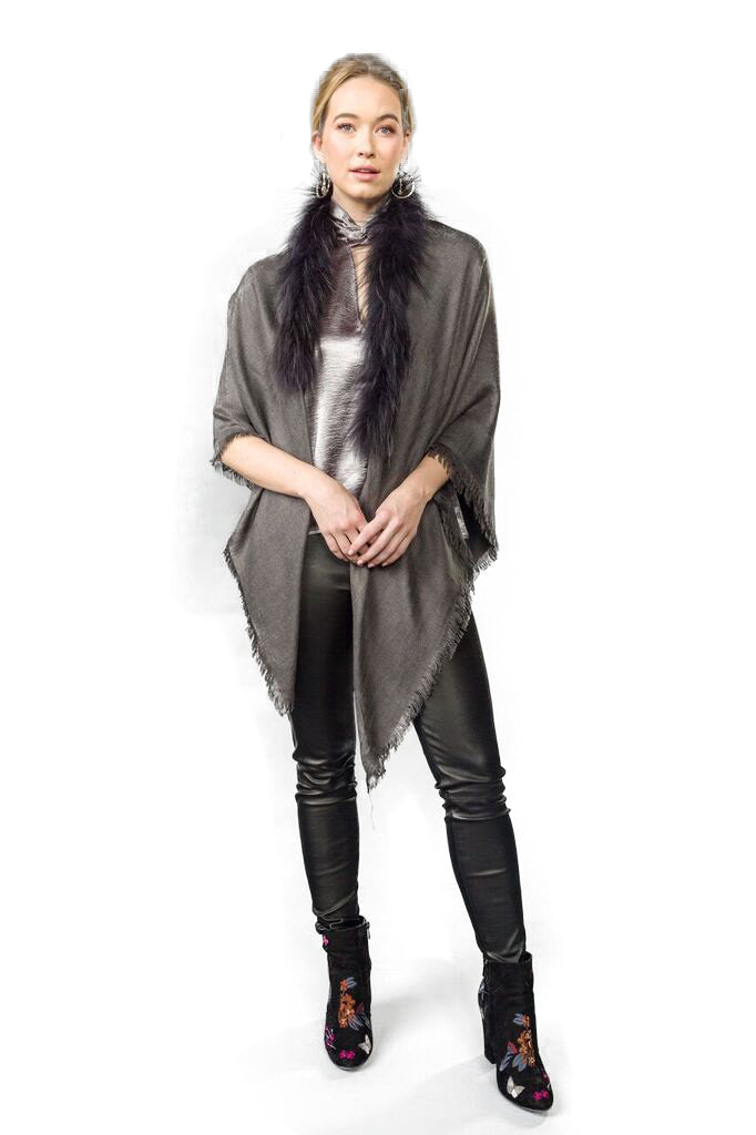 Raccoon Trimmed Square Wrap with Eyelash Fringe - paulamariecollection