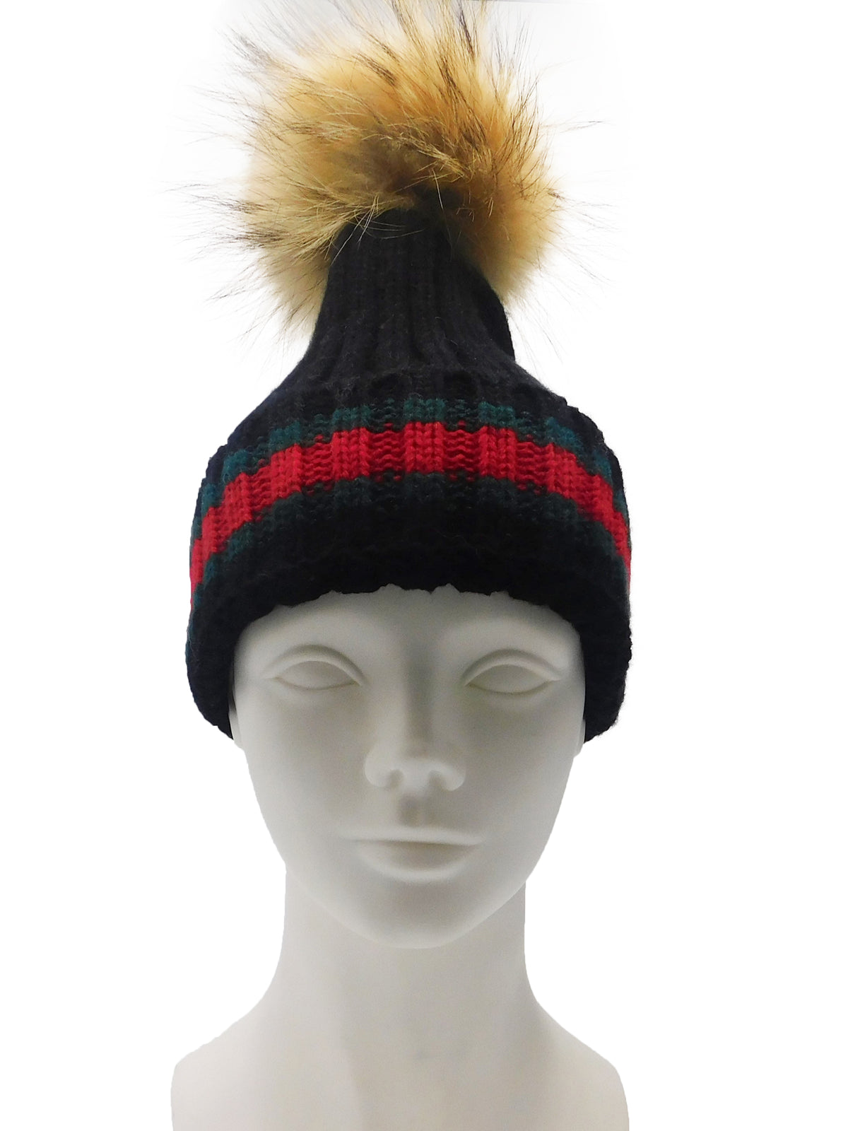 Striped Knitted Beanie with Removable Fur Pom - paulamariecollection