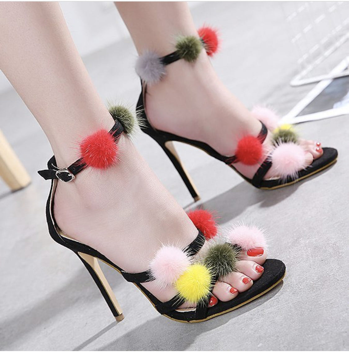 Mink Fur Pom Heel Strap Bands - paulamariecollection