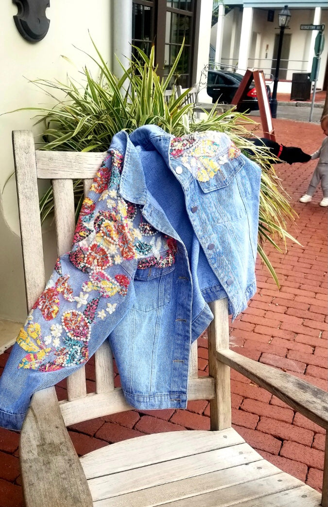 embellished denim jacket with jewels and pearls