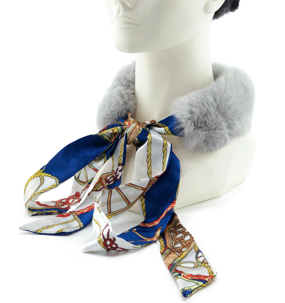 Grey Rex Rabbit Scarf with Blue/White Silk Ribbon - paulamariecollection