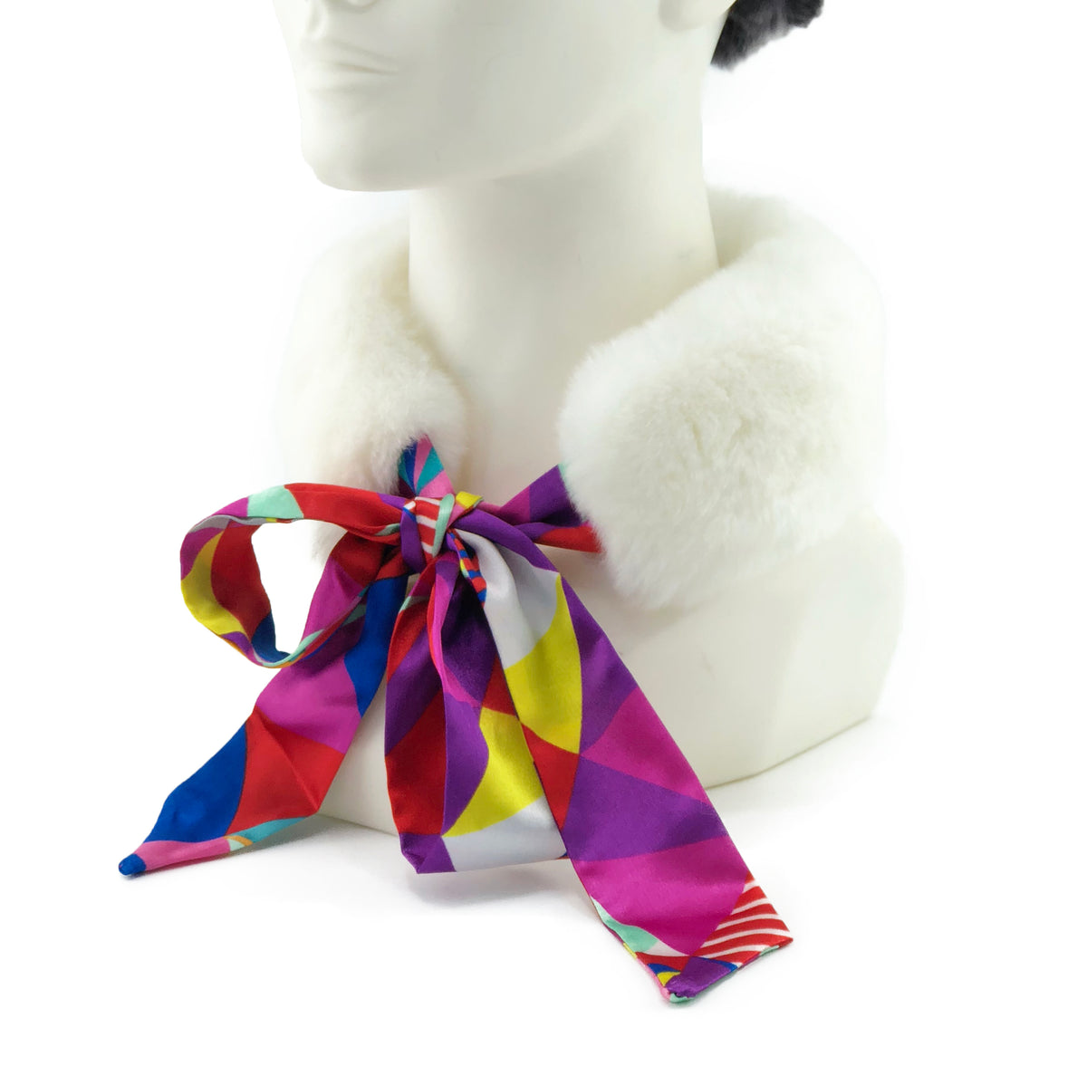 White Rex Rabbit Scarf with Multicolor Silk Ribbon - paulamariecollection