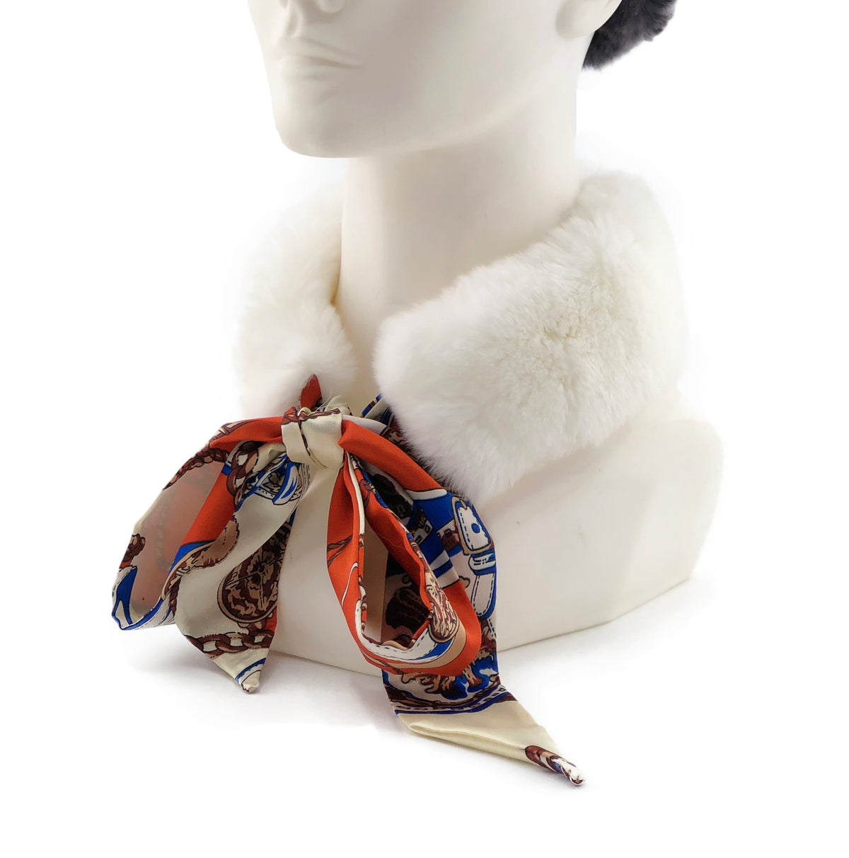 White Rex Rabbit Scarf with Orange/Gold Silk Ribbon - paulamariecollection