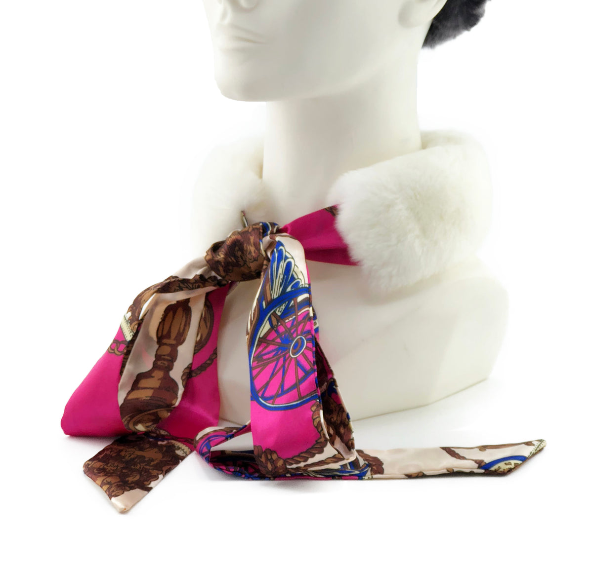 White Rex Rabbit Scarf with Pink/Gold Silk Ribbon - paulamariecollection