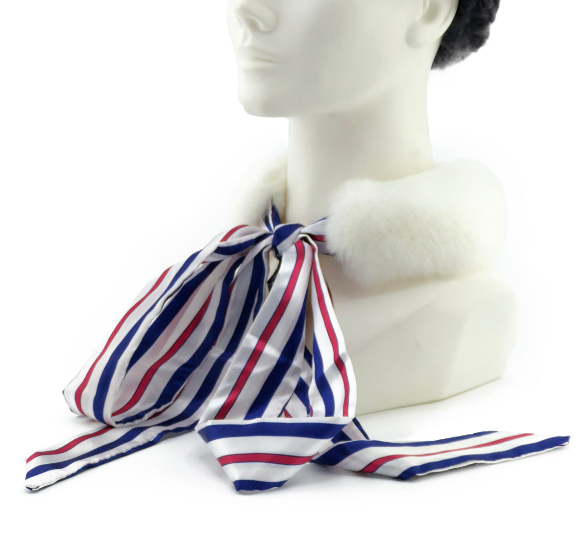 White Rex Rabbit Scarf with Red/White/Blue Silk Ribbon - paulamariecollection