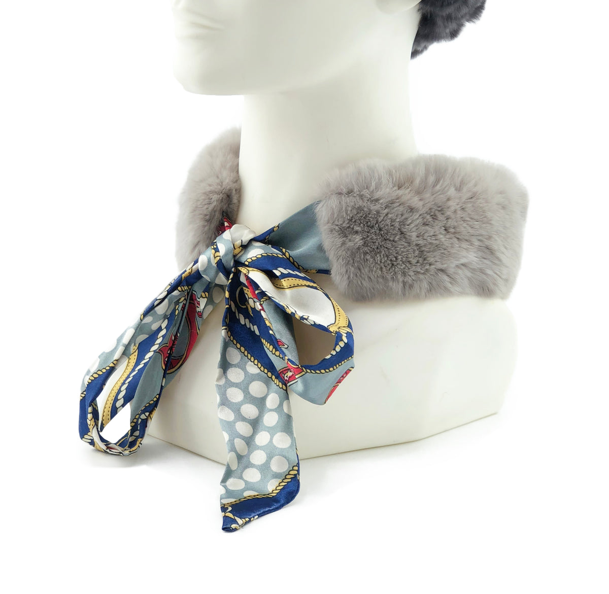 Grey Rex Rabbit Scarf with Blue/Grey Silk Ribbon - paulamariecollection