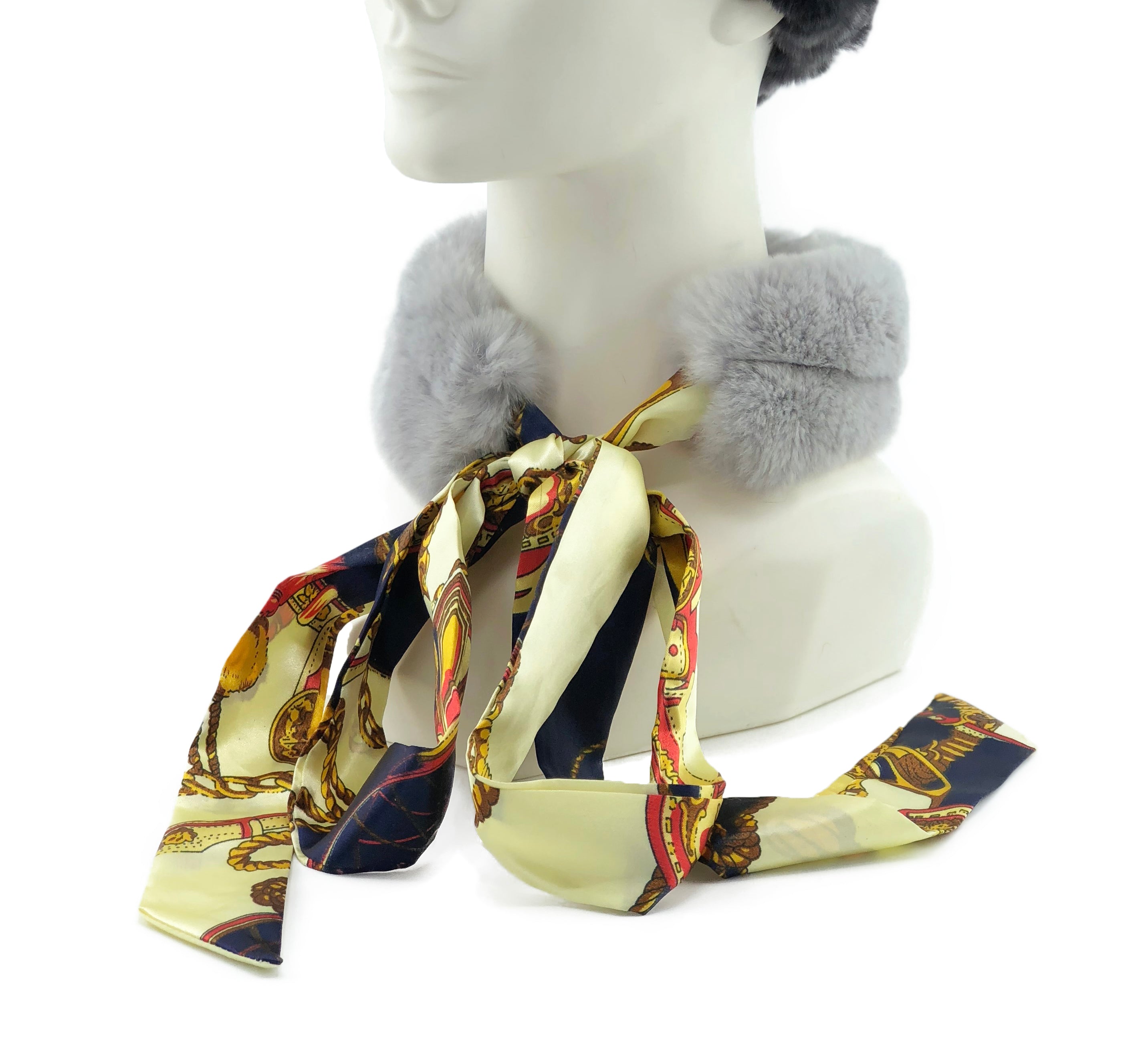 Grey Rex Rabbit Scarf with Navy/Gold Silk Ribbon - paulamariecollection