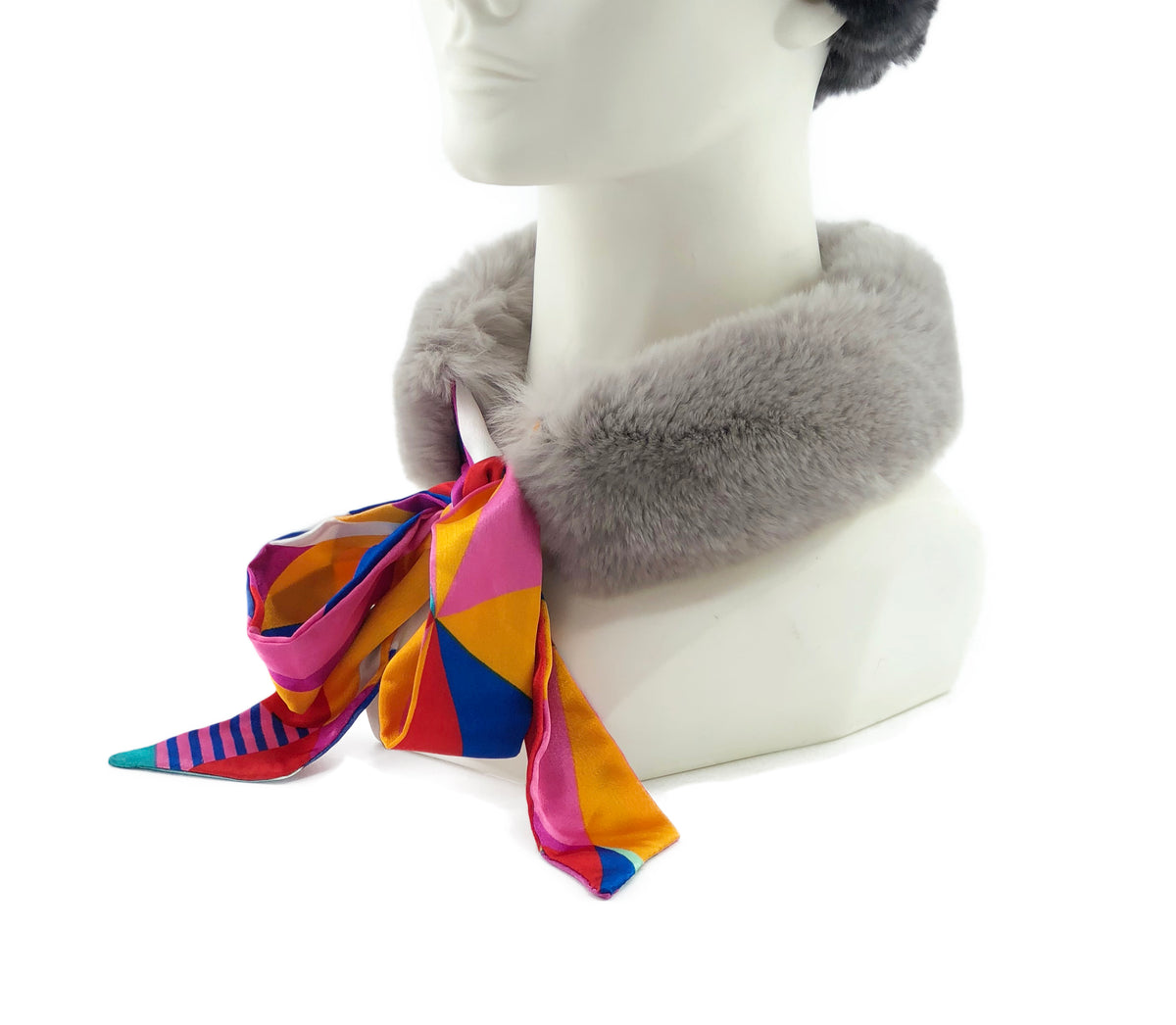 Grey Rex Rabbit Scarf with Multicolor Silk Ribbon - paulamariecollection