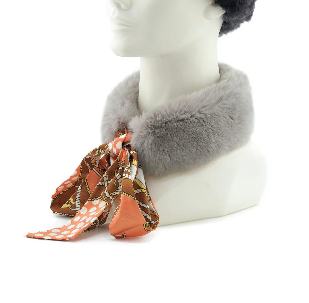 Grey Rex Rabbit Scarf with Orange/Brown Silk Ribbon - paulamariecollection
