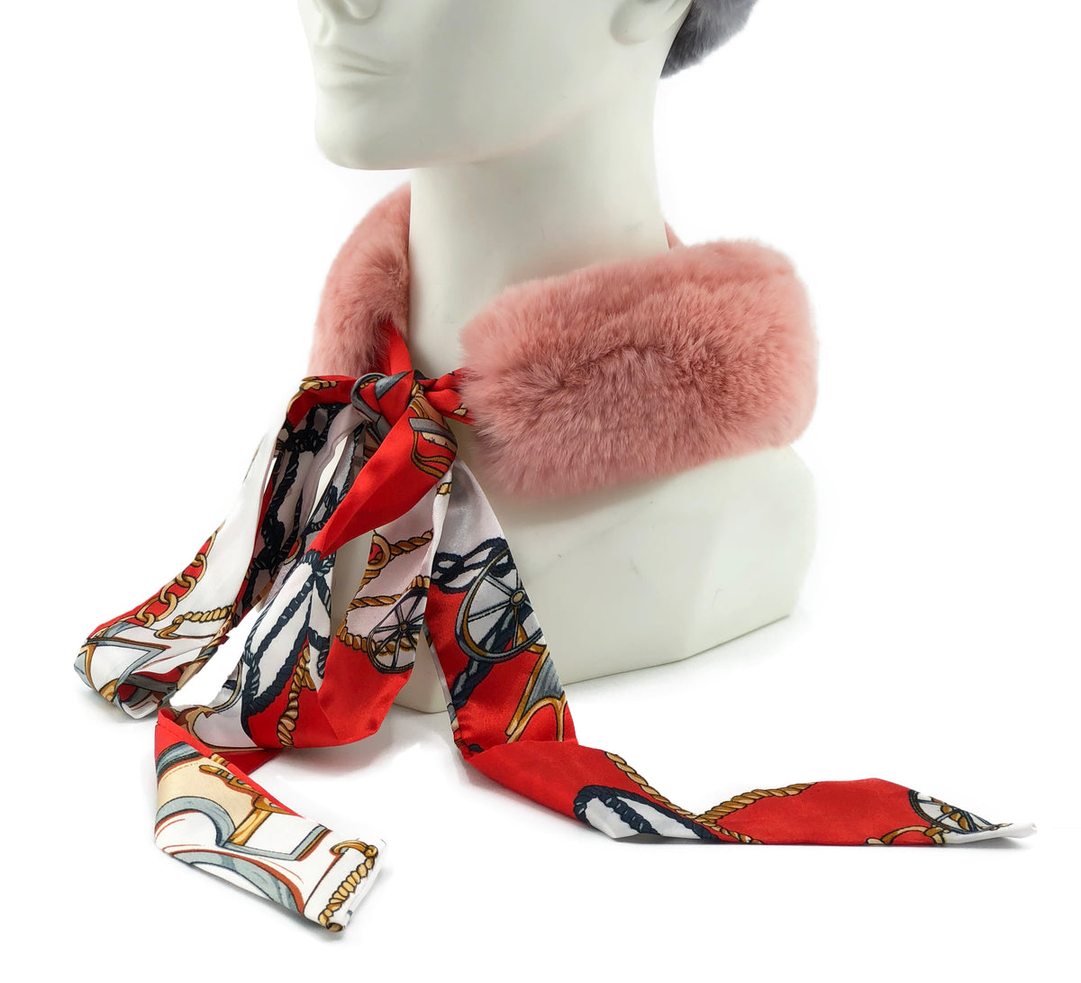 Rose Rex Rabbit Scarf with Red/White Silk Ribbon - paulamariecollection