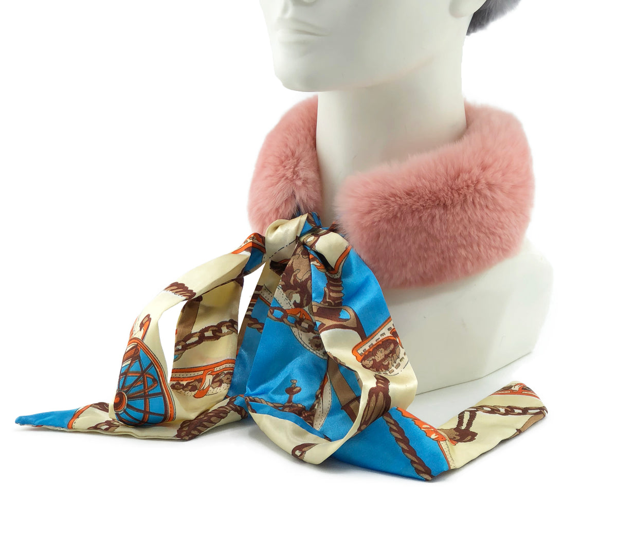 Rose Rex Rabbit Scarf with Blue/Orange Silk Ribbon - paulamariecollection