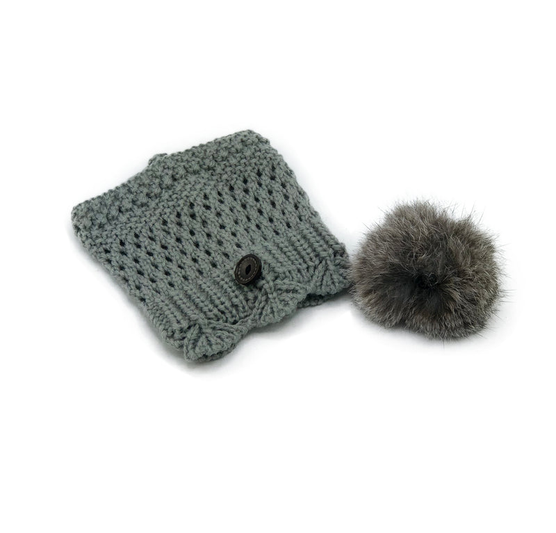Grey Leg Warmer/Boot Cover with Rex Rabbit Pom - paulamariecollection