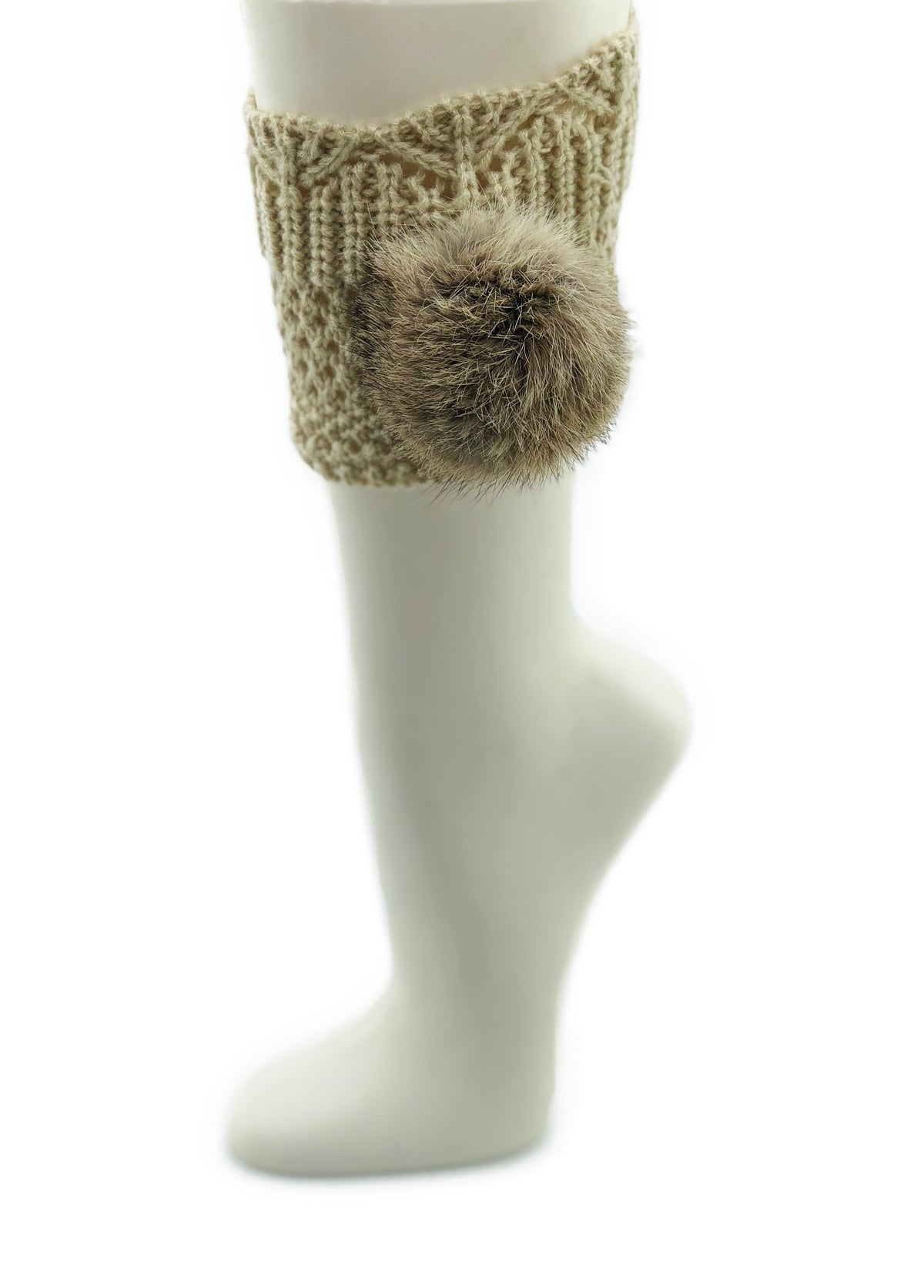 Beige Leg Warmer/Boot Cover with Rex Rabbit Pom - paulamariecollection