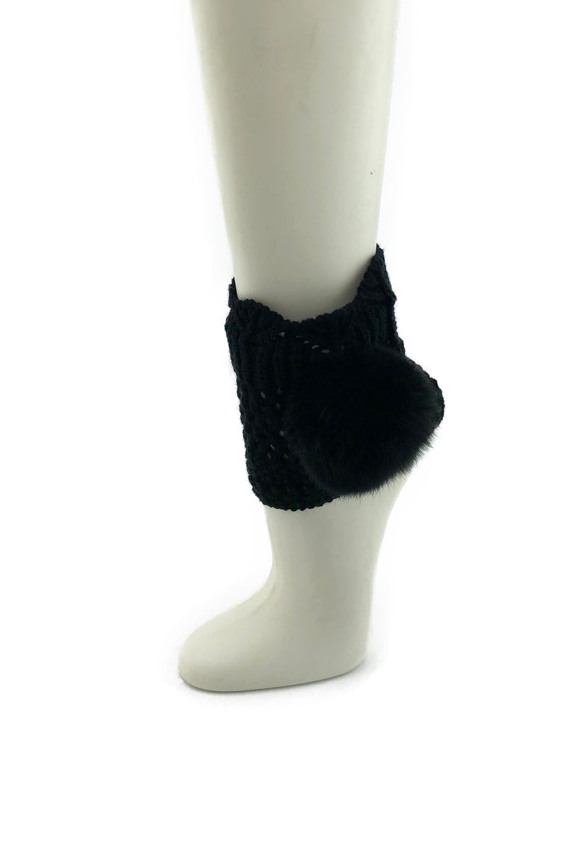 Black Leg Warmer/Boot Cover with Rex Rabbit Pom - paulamariecollection