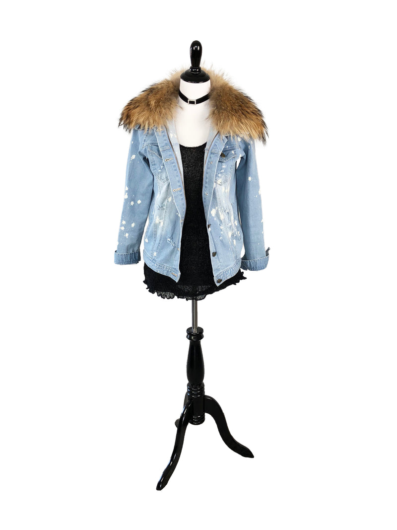 Denim and Fox Fur Jacket with Detachable Rabbit Fur Interior - paulamariecollection