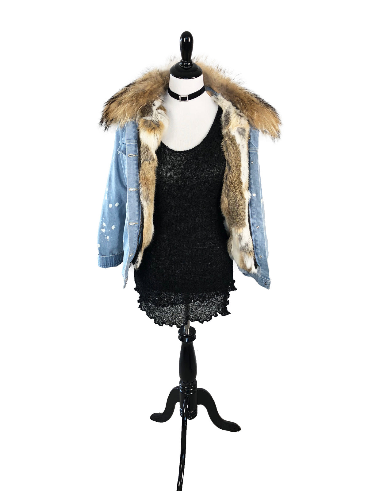 Denim and Fox Fur Jacket with Detachable Rabbit Fur Interior - paulamariecollection