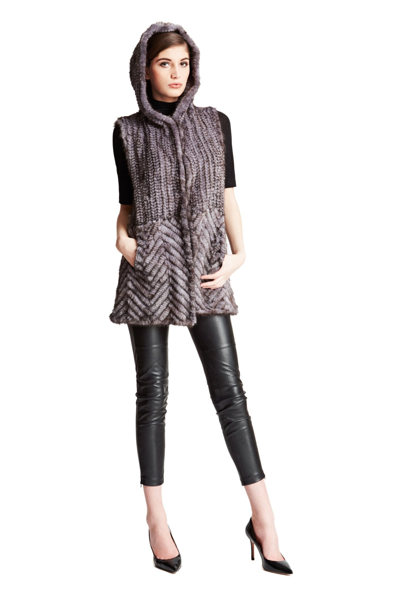 THE LOOE - Knitted Mink Fur Vest with Chevron Panel and Hood - paulamariecollection