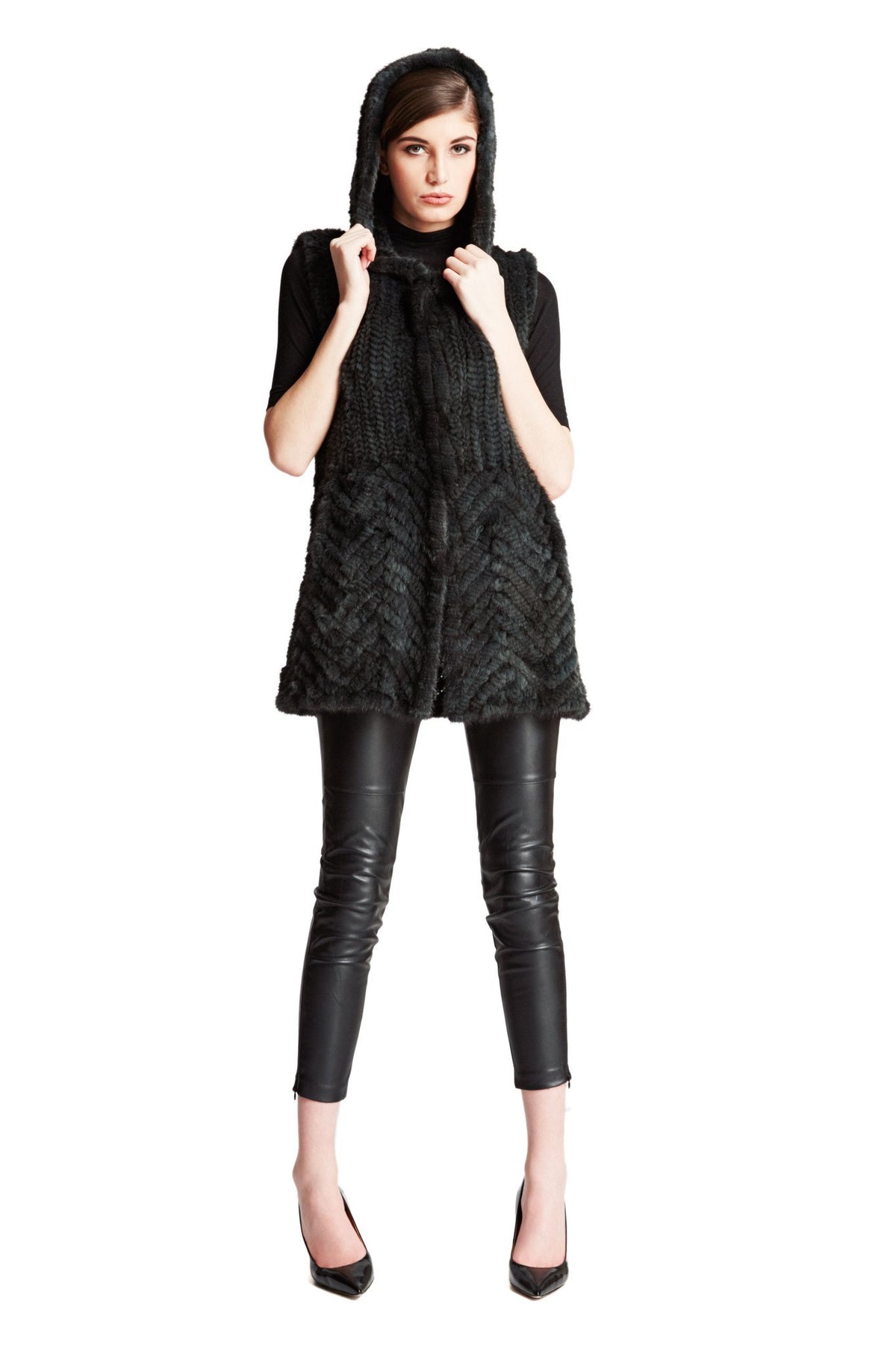 THE LOOE - Knitted Mink Fur Vest with Chevron Panel and Hood - paulamariecollection