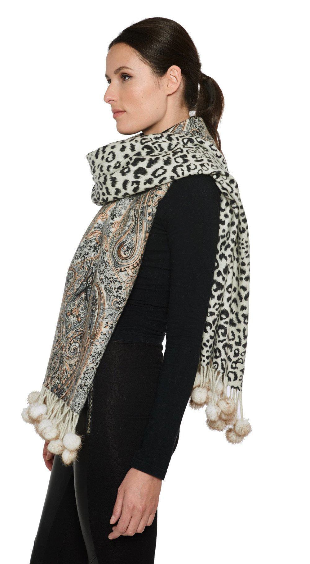 THE RYE Cashmere Reversible Paisley Wrap with Mink Fur Poms - paulamariecollection