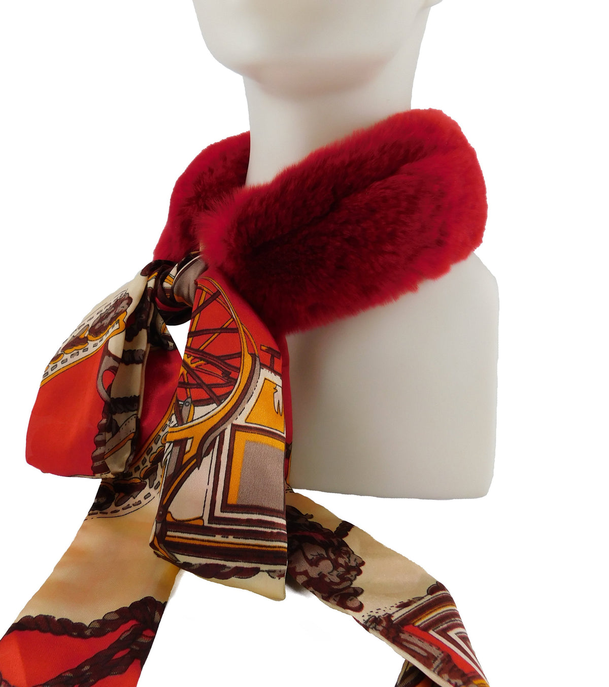 Red Rex Rabbit Scarf with Red/Gold Silk Ribbon - paulamariecollection