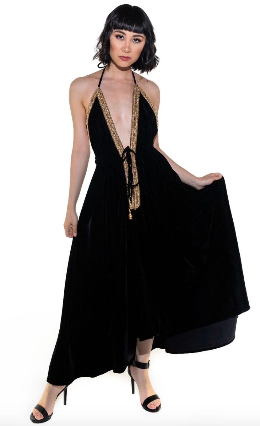 Monte Carlo Velvet High Low Dress With Embellishments