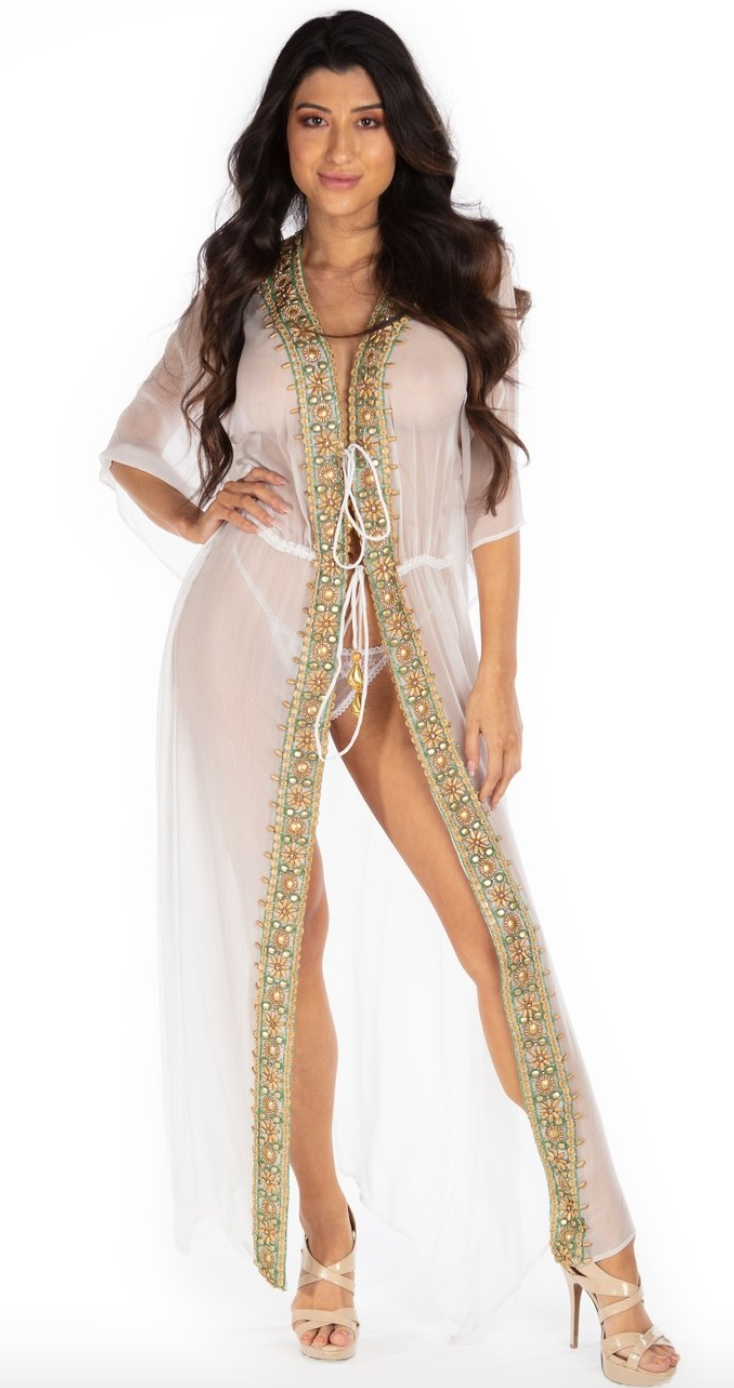 Santorini Long Kaftan Robe With Embellishments - paulamariecollection
