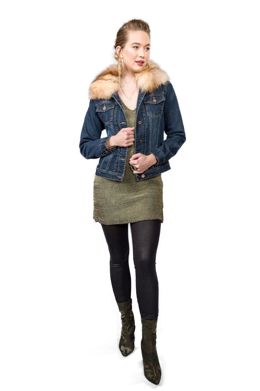 Stretch Denim Jacket with Removable Crystal Fox Collar - paulamariecollection