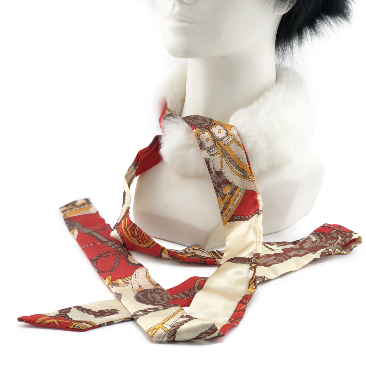 White Rex Rabbit Scarf with Red/Gold Silk Ribbon - paulamariecollection