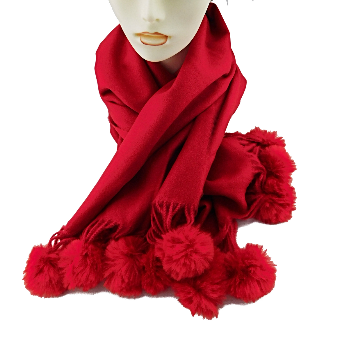 Cashmere Scarf with Rex Rabbit Fur Poms - paulamariecollection
