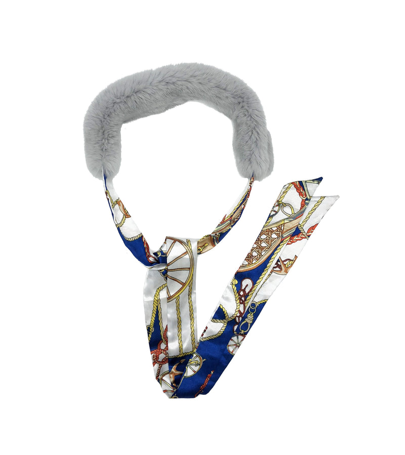 Grey Rex Rabbit Scarf with Blue/White Silk Ribbon - paulamariecollection