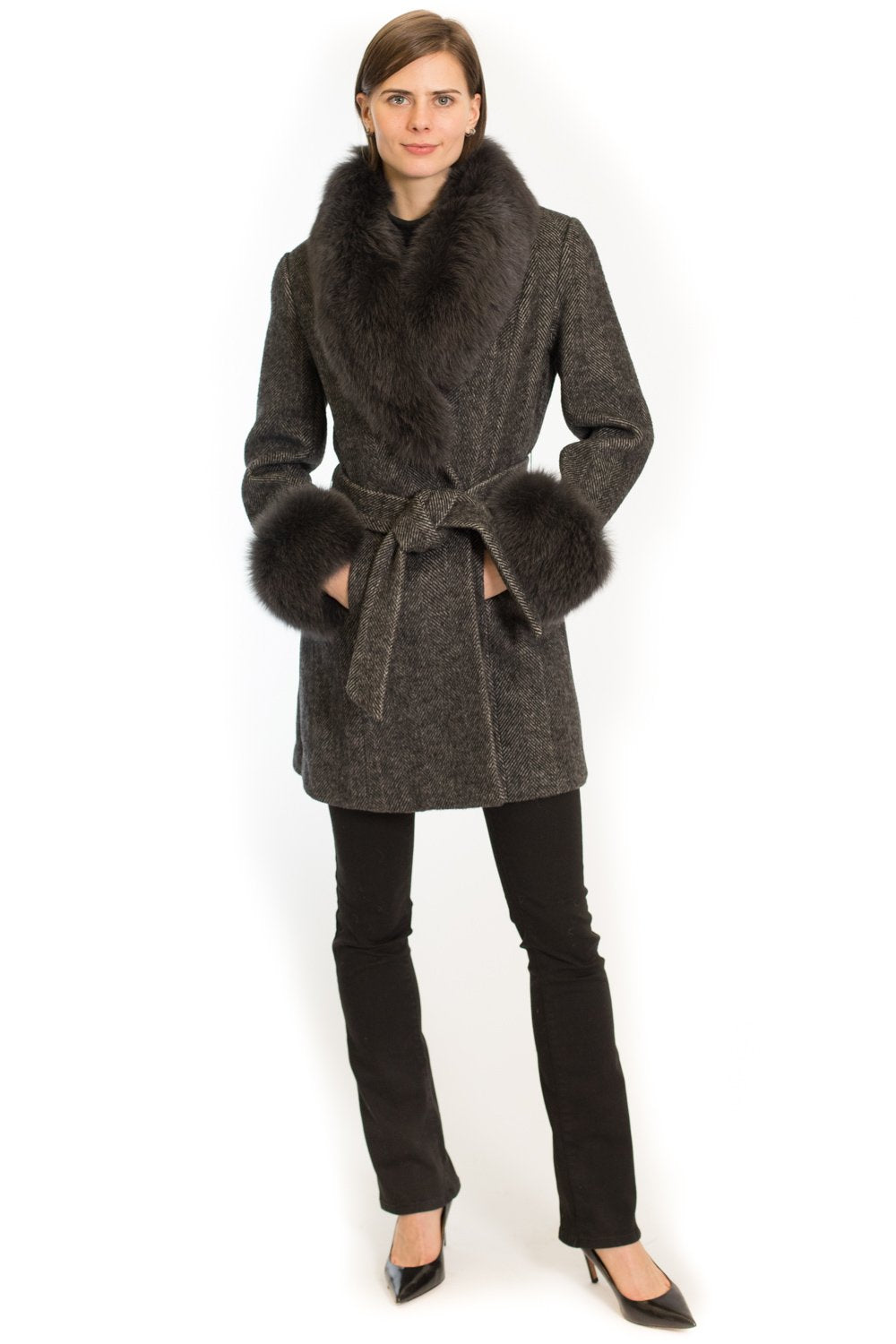 THE LARAMIE Wool Wrap Coat with Oversized Fox Collar and Cuffs - paulamariecollection