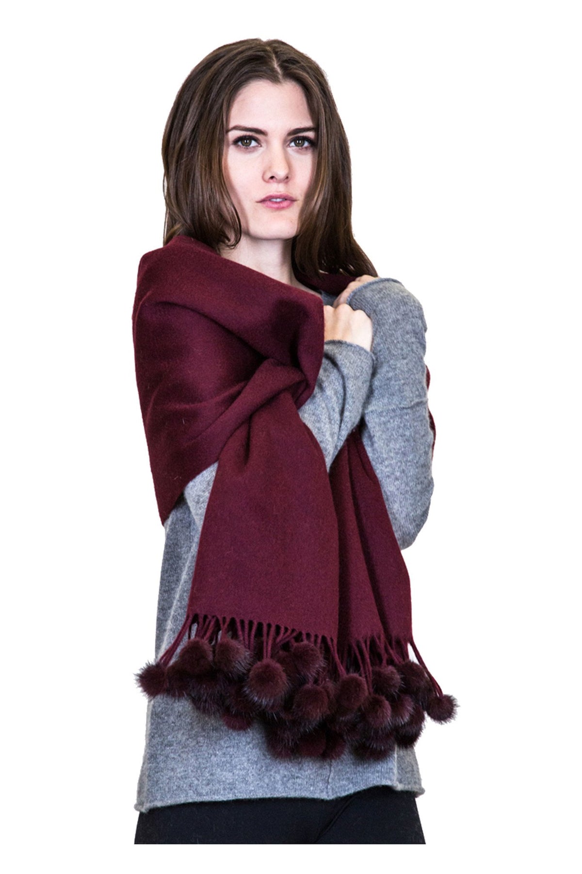 THE ZELL Cashmere Scarf with Mink Fur Poms - paulamariecollection