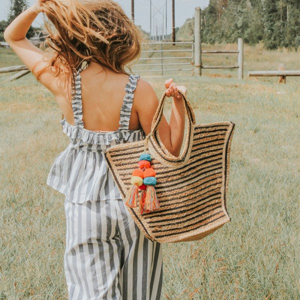 Raven Stripe Eco-Friendly Jute Tote with Pom Pom Tassels - paulamariecollection
