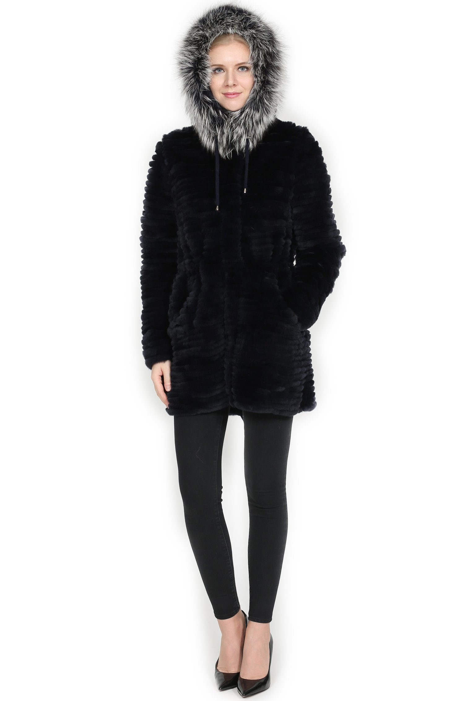 THE SELKIRK Reversible Rex Rabbit Fur Jacket with Silver Fox Trim Hood - paulamariecollection