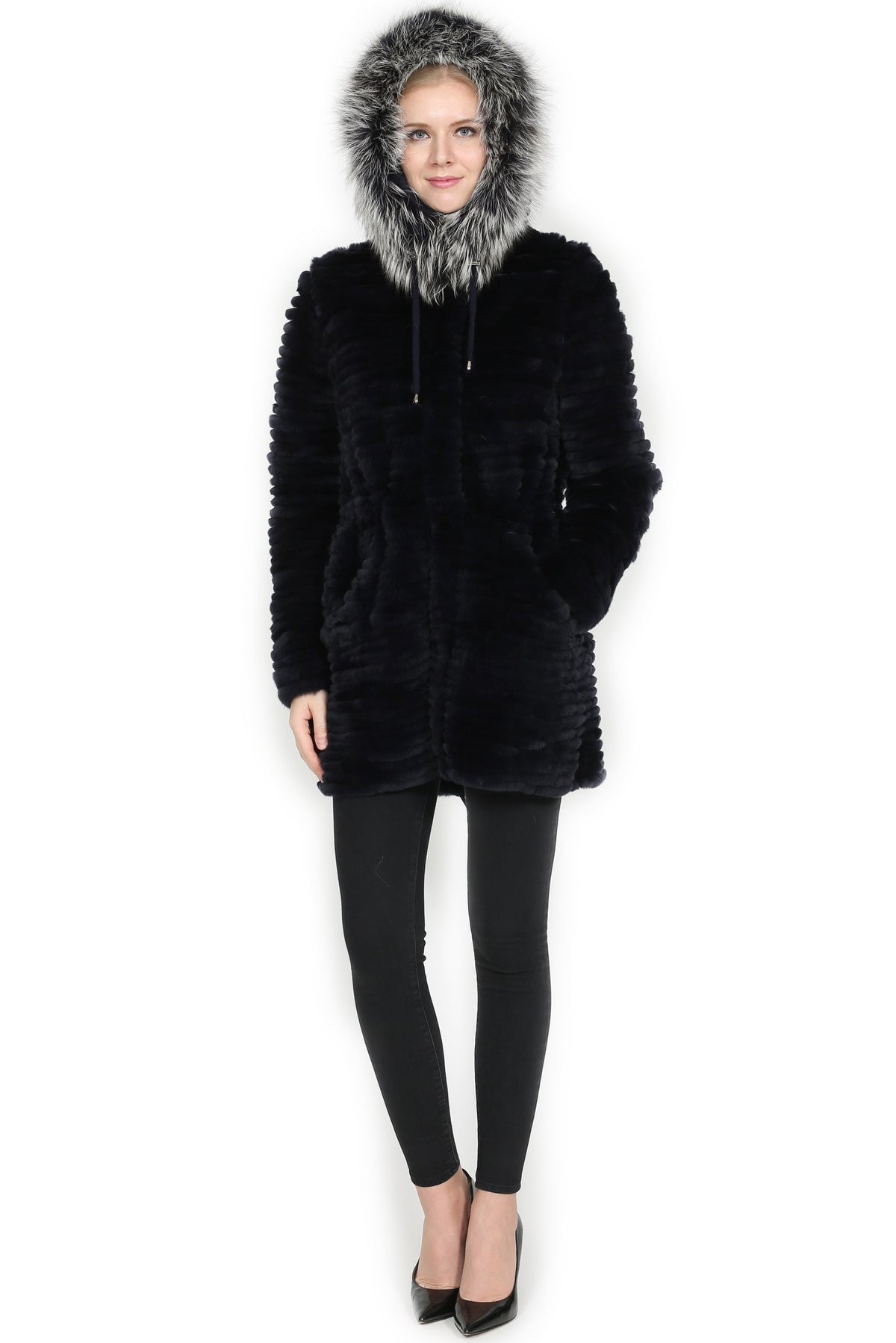 THE SELKIRK Reversible Rex Rabbit Fur Jacket with Silver Fox Trim Hood - paulamariecollection