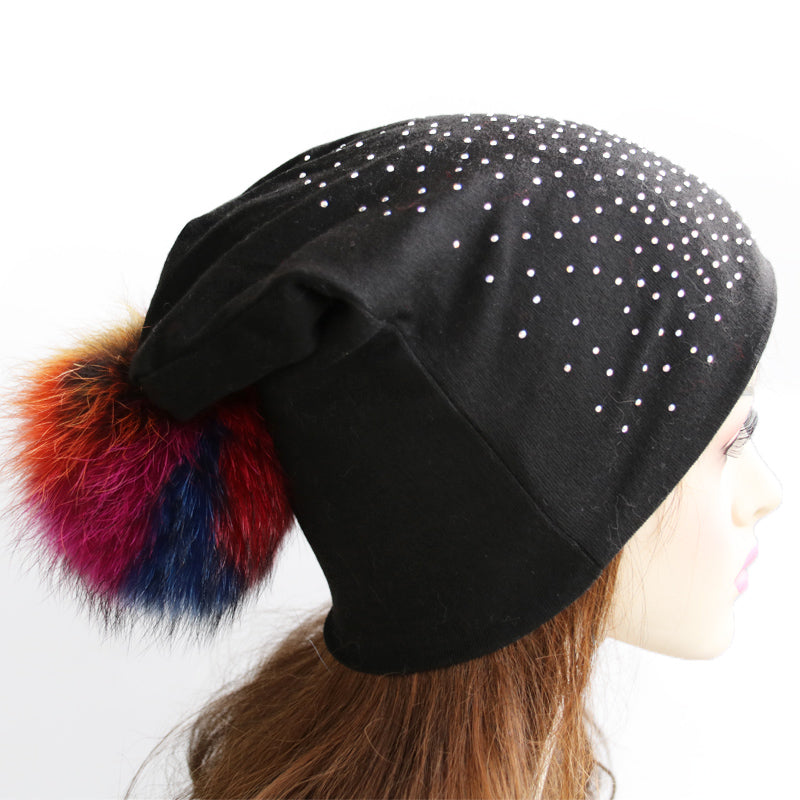 Jeweled Jersey Beanie with Removable Multicolor Fox Pom - paulamariecollection