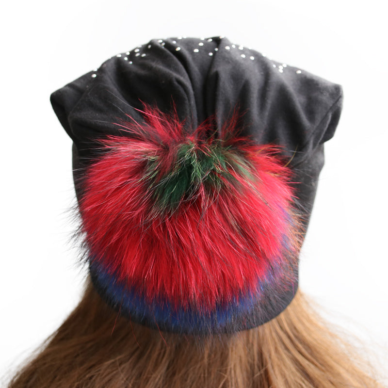 Jeweled Jersey Beanie with Removable Multicolor Fox Pom - paulamariecollection