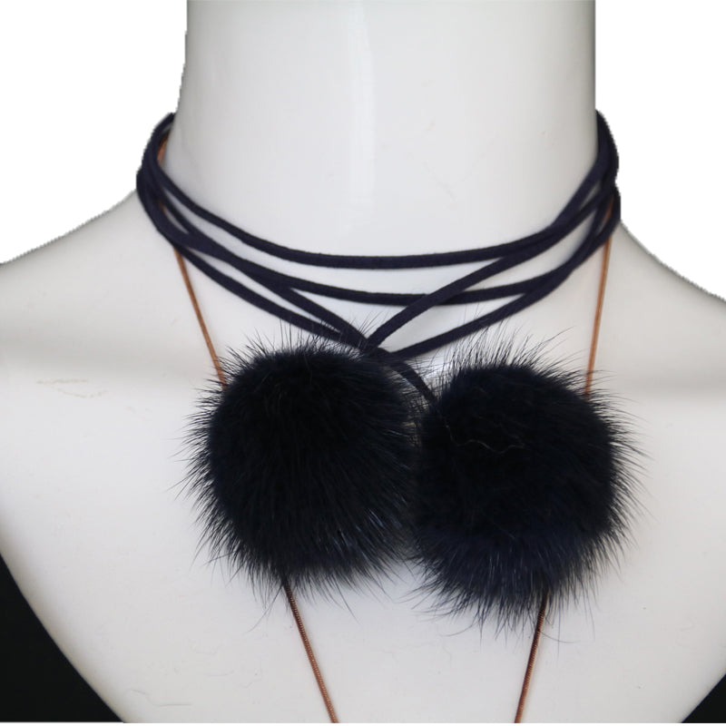 Adjustable Rope Necklace with Mink Fur Poms - paulamariecollection