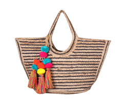 Raven Stripe Eco-Friendly Jute Tote with Pom Pom Tassels - paulamariecollection